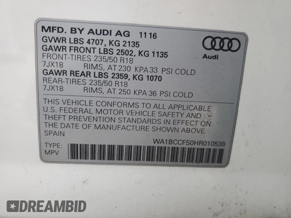 2017 Audi Q3 Premium with VIN WA1BCCFS0HR010538, listed as a Copart auction lot 48547445 with 141,489 mi miles and Salvage Title. Bid and sale history available at carsss.com. Image 12.