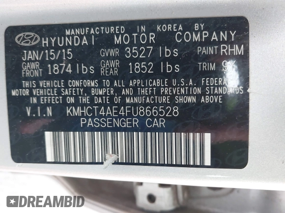 2015 Hyundai Accent GLS with VIN KMHCT4AE4FU866528, listed as a IAAI auction lot 42011261 with 186,368 mi miles and . Bid and sale history available at DreamBid. Image 9.