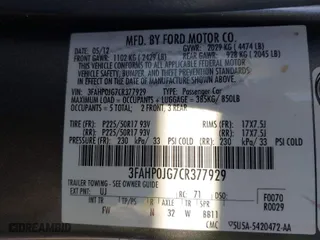 2012 Ford Fusion SEL with VIN 3FAHP0JG7CR377929, listed as a IAAI auction lot 41607372 with 103,669 mi miles. Bid and sale history available at carsss.com. Image 9.