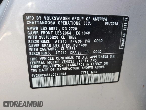 2018 Volkswagen Atlas SEL z VIN 1V2RR2CA4JC573592, wystawiony jako Copart lot #48073945 z przebiegiem 84 582 mil mil oraz Szkoda całkowita • Salvage title. Historia ofert i sprzedaży dostępna na DreamBid. Obrazek 15.