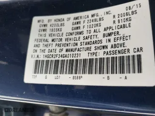 2016 Honda Accord Sedan LX with VIN 1HGCR2F34GA010231, listed as a IAAI auction lot 41765954 with 89,068 mi miles. Bid and sale history available at carsss.com. Image 9.