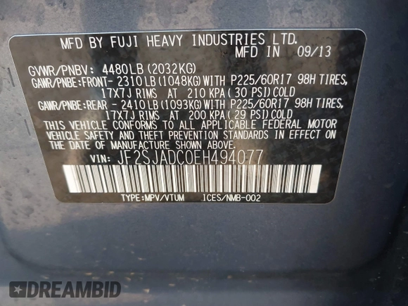 2014 Subaru Forester 2.5i Premium with VIN JF2SJADC0EH494077, listed as a IAAI auction lot 41882126 with 142,179 mi miles. Bid and sale history available at carsss.com. Image 9.