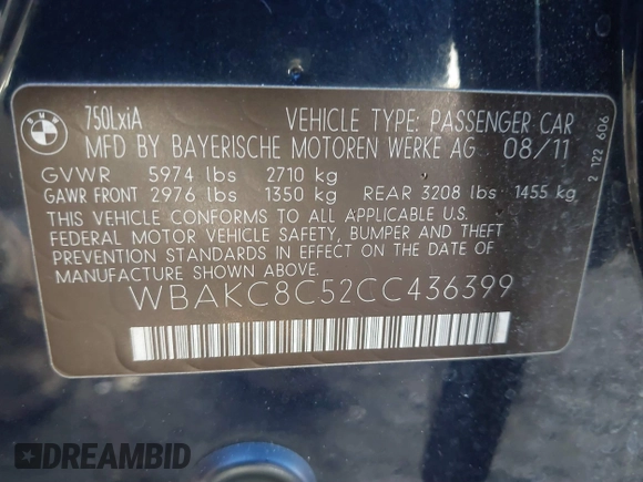 2012 BMW 7 Series 750Li xDrive with VIN WBAKC8C52CC436399, listed as a IAAI auction lot 41214440 with 122,532 mi miles and . Bid and sale history available at DreamBid. Image 9.