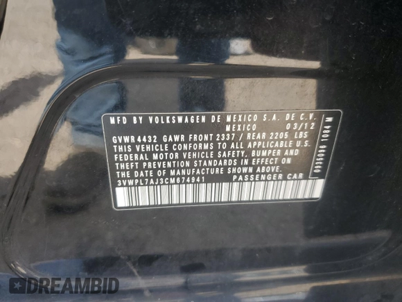 2012 Volkswagen Jetta TDI w/Sunroof z VIN 3VWPL7AJ3CM674941, wystawiony jako Copart lot #60081615 z przebiegiem 207 744 mil mil oraz Szkoda całkowita • Salvage title. Historia ofert i sprzedaży dostępna na DreamBid. Obrazek 12.