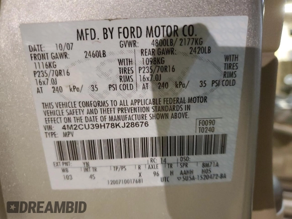 2008 Mercury Mariner with VIN 4M2CU39H78KJ28676, listed as a Copart auction lot 85827374 with 170,534 mi miles and Salvage title. Bid and sale history available at DreamBid. Image 16.
