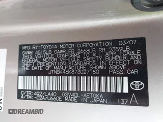 2007 Toyota Camry LE with VIN JTNBK46K873027180, listed as a IAAI auction lot 42194654 with 78,980 mi miles and . Bid and sale history available at DreamBid. Image 9.
