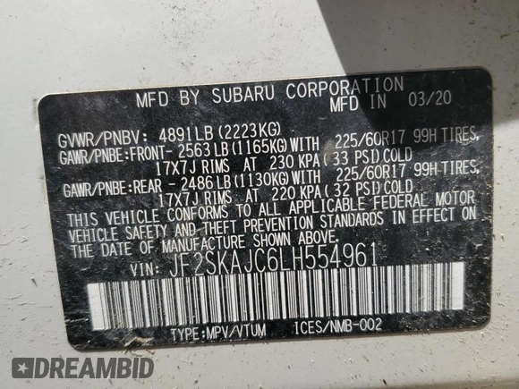 2020 Subaru Forester Premium z VIN JF2SKAJC6LH554961, wystawiony jako Copart lot #61770095 z przebiegiem 82 637 mil mil oraz Szkoda całkowita • Salvage title. Historia ofert i sprzedaży dostępna na DreamBid. Obrazek 13.