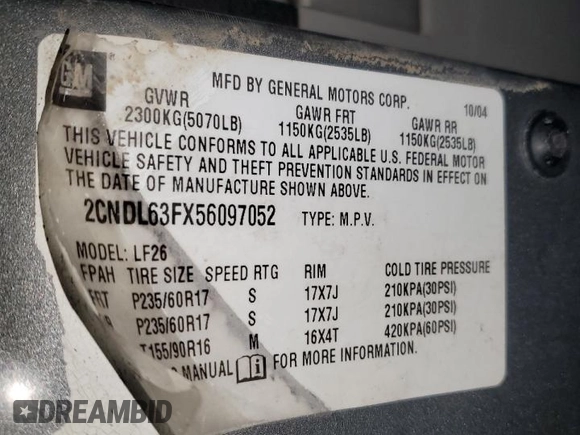 2005 Chevrolet Equinox LT with VIN 2CNDL63FX56097052, listed as a Copart auction lot 46343675 with 0 mi miles and Salvage Title. Bid and sale history available at carsss.com. Image 13.