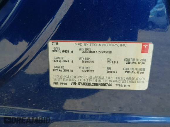 2016 Tesla Model X 70D z VIN 5YJXCBE20GF006744, wystawiony jako IAAI lot #42045005 z przebiegiem 169 619 mil mil oraz . Historia ofert i sprzedaży dostępna na DreamBid. Obrazek 9.
