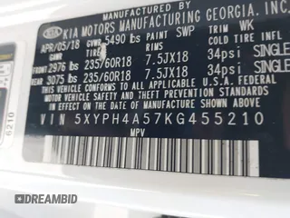 2019 Kia Sorento EX V6 with VIN 5XYPH4A57KG455210, listed as a IAAI auction lot 41520626 with 145,682 mi miles. Bid and sale history available at carsss.com. Image 9.