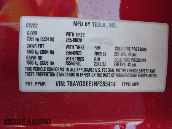 2022 Tesla Model Y Long Range z VIN 7SAYGDEE1NF385414, wystawiony jako IAAI lot #41660542 z przebiegiem 54 075 mil mil oraz . Historia ofert i sprzedaży dostępna na DreamBid. Obrazek 9.