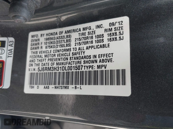 2013 Honda CR-V LX with VIN 5J6RM3H31DL001507, listed as a IAAI auction lot 41893759 with 74,315 mi miles. Bid and sale history available at carsss.com. Image 9.