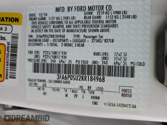 2019 Ford Fusion Energi Titanium with VIN 3FA6P0SU2KR184968, listed as a Copart auction lot 69922842 with 105,834 mi miles. Bid and sale history available at carsss.com. Image 12.