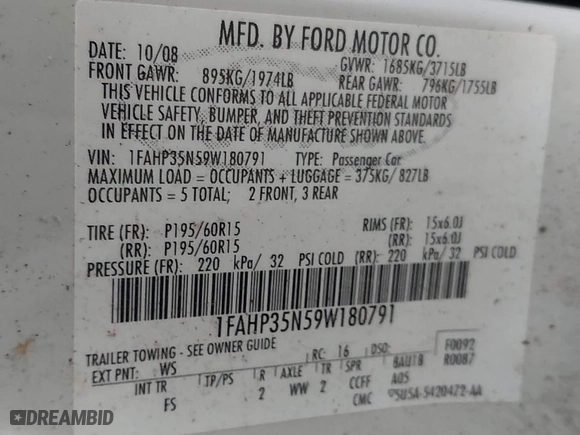 2009 Ford Focus SE with VIN 1FAHP35N59W180791, listed as a IAAI auction lot 42041573 with 201,464 mi miles. Bid and sale history available at carsss.com. Image 9.