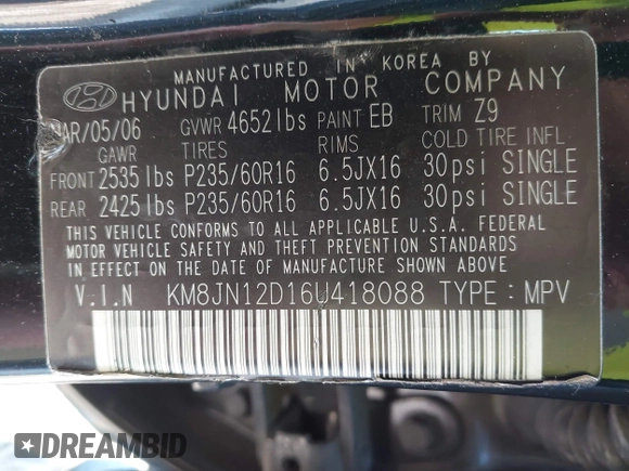 2006 Hyundai Tucson GLS with VIN KM8JN12D16U418088, listed as a IAAI auction lot 41478091 with 157,403 mi miles. Bid and sale history available at carsss.com. Image 9.