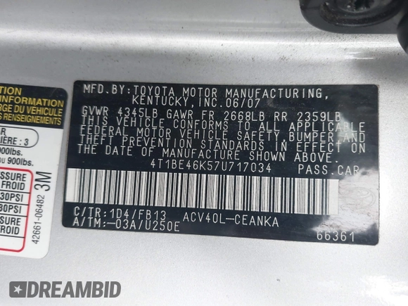 2007 Toyota Camry CE with VIN 4T1BE46K57U717034, listed as a IAAI auction lot 42192118 with 172,366 mi miles and . Bid and sale history available at DreamBid. Image 9.