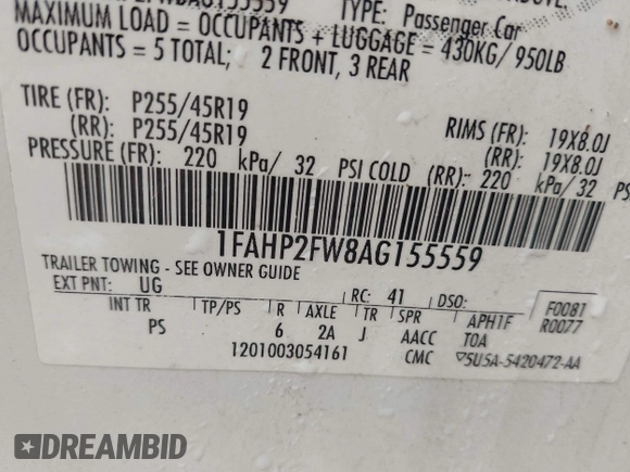 2010 Ford Taurus Limited with VIN 1FAHP2FW8AG155559, listed as a IAAI auction lot 42361282 with 215,113 mi miles and . Bid and sale history available at DreamBid. Image 9.
