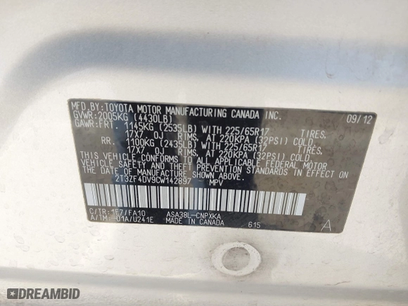 2012 Toyota RAV4 with VIN 2T3ZF4DV9CW142897, listed as a IAAI auction lot 41641075 with 118,164 mi miles. Bid and sale history available at carsss.com. Image 9.