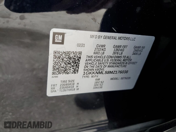 2021 GMC Acadia SLT with VIN 1GKKNMLS8MZ176038, listed as a Copart auction lot 48454145 with 86,822 mi miles and Salvage Title. Bid and sale history available at carsss.com. Image 15.