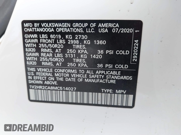 2021 Volkswagen Atlas SE z VIN 1V2HR2CA8MC514027, wystawiony jako IAAI lot #42260413 z przebiegiem 37 687 mil mil oraz . Historia ofert i sprzedaży dostępna na DreamBid. Obrazek 9.