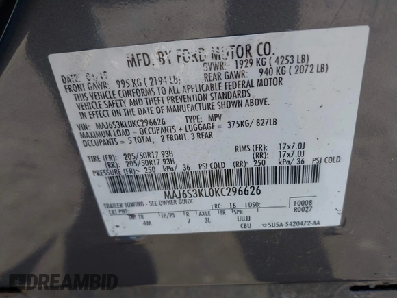 2019 Ford EcoSport Titanium with VIN MAJ6S3KL0KC296626, listed as a IAAI auction lot 41731669 with 126,883 mi miles and . Bid and sale history available at DreamBid. Image 9.
