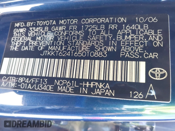 2006 Scion xA z VIN JTKKT624165010883, wystawiony jako IAAI lot #42238153 z przebiegiem 183 798 mil mil oraz . Historia ofert i sprzedaży dostępna na DreamBid. Obrazek 9.