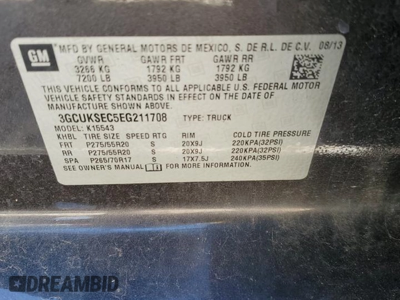 2014 Chevrolet Silverado 1500 LTZ with VIN 3GCUKSEC5EG211708, listed as a Copart auction lot 46094635 with 112,980 mi miles and Salvage Title. Bid and sale history available at DreamBid. Image 12.