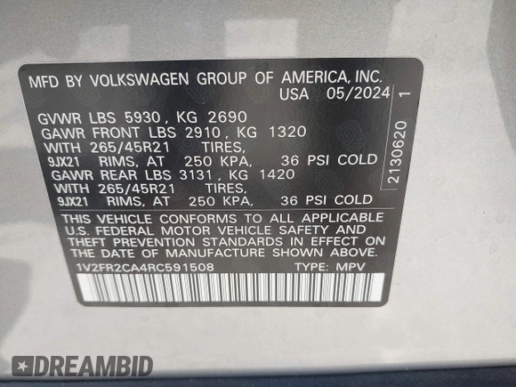 2024 Volkswagen Atlas SEL Premium R-Line с VIN 1V2FR2CA4RC591508, выставлен на аукционе IAAI как лот 41660452 с пробегом 1 783 миль миль и . История ставок и продаж доступна на DreamBid. Изображение 9.