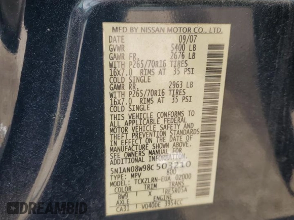 2008 Nissan Xterra X z VIN 5N1AN08W98C503210, wystawiony jako Copart lot #57361155 z przebiegiem 211 951 mil mil oraz Czysty tytuł • Clean title. Historia ofert i sprzedaży dostępna na DreamBid. Obrazek 13.