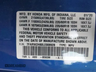 2020 Honda CR-V EX-L with VIN 7FARW2H80LE008928, listed as a IAAI auction lot 42457715 with 70,718 mi miles and . Bid and sale history available at DreamBid. Image 9.