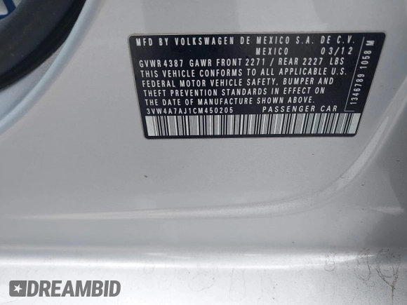 2012 Volkswagen Jetta GLI Autobahn with VIN 3VW4A7AJ1CM450205, listed as a IAAI auction lot 42421504 with 130,602 mi miles and . Bid and sale history available at DreamBid. Image 9.