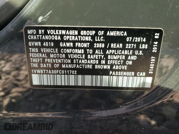 2015 Volkswagen Passat Sport с VIN 1VWBT7A30FC011702, выставлен на аукционе Copart как лот 56506125 с пробегом 115 399 миль миль и Чистый • Clean title. История ставок и продаж доступна на DreamBid. Изображение 12.