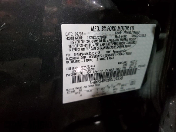 2008 Ford Taurus SEL with VIN 1FAHP24WX8G139358, listed as a Copart auction lot 72449114 with 102,045 mi miles and Salvage Title. Bid and sale history available at carsss.com. Image 13.