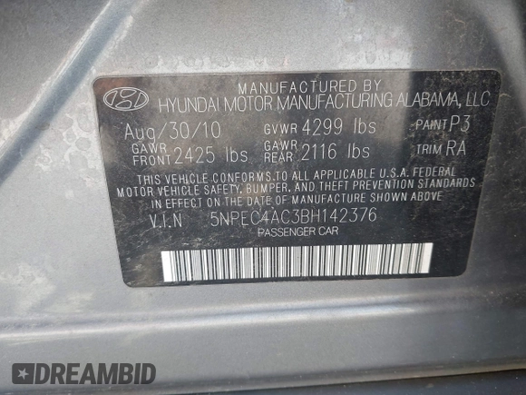 2011 Hyundai Sonata Limited with VIN 5NPEC4AC3BH142376, listed as a IAAI auction lot 41988669 with 97,302 mi miles and . Bid and sale history available at DreamBid. Image 9.