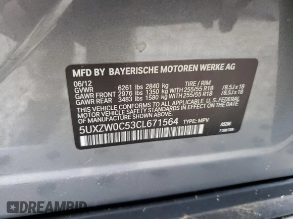 2012 BMW X5 35d with VIN 5UXZW0C53CL671564, listed as a Copart auction lot 60880715 with 154,401 mi miles and Clean title. Bid and sale history available at DreamBid. Image 13.