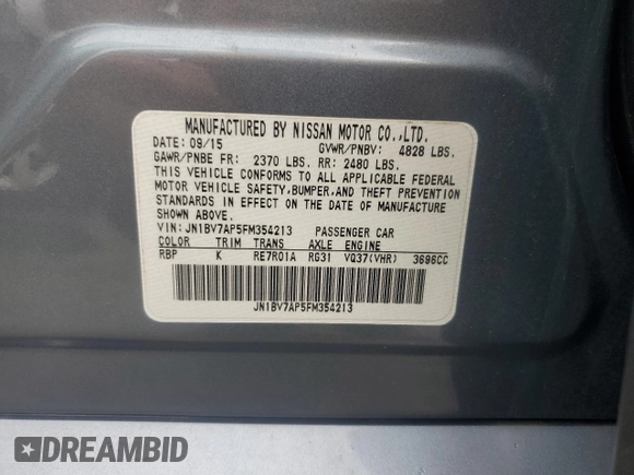 2015 Infiniti Q50 Premium with VIN JN1BV7AP5FM354213, listed as a Copart auction lot 66548864 with 0 mi miles and Clean Title. Bid and sale history available at carsss.com. Image 12.