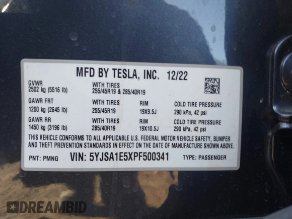 2023 Tesla Model S with VIN 5YJSA1E5XPF500341, listed as a IAAI auction lot 40756406 with 11,583 mi miles and . Bid and sale history available at DreamBid. Image 9.
