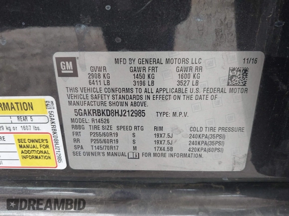 2017 Buick Enclave Leather with VIN 5GAKRBKD8HJ212985, listed as a IAAI auction lot 41788978 with 158,090 mi miles and . Bid and sale history available at DreamBid. Image 9.
