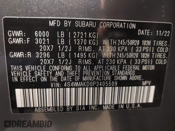 2023 Subaru Ascent Onyx Limited with VIN 4S4WMAKD0P3405509, listed as a IAAI auction lot 42469462 with 51,775 mi miles and . Bid and sale history available at DreamBid. Image 9.