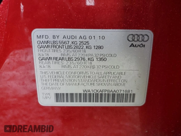 2010 Audi Q5 Premium with VIN WA1CKAFP8AA071681, listed as a Copart auction lot 49727455 with 163,152 mi miles and Salvage title. Bid and sale history available at DreamBid. Image 15.