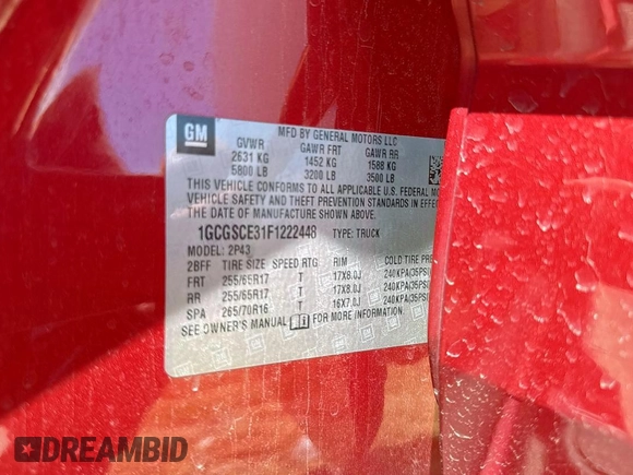 2015 Chevrolet Colorado 2WD Z71 with VIN 1GCGSCE31F1222448, listed as a Copart auction lot 65782675 with 120,009 mi miles and Clean title. Bid and sale history available at DreamBid. Image 10.