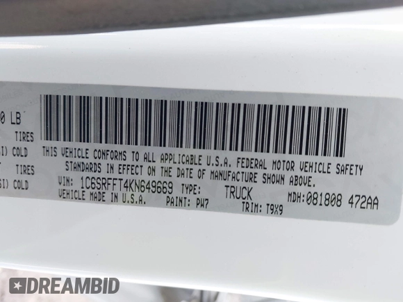 2019 Ram 1500 Big Horn with VIN 1C6SRFFT4KN649669, listed as a IAAI auction lot 42260131 with 85,009 mi miles and . Bid and sale history available at DreamBid. Image 9.