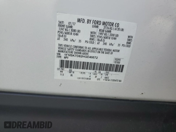 2017 Ford Explorer XLT with VIN 1FM5K7D82HGD49572, listed as a Copart auction lot 50813535 with 60,962 mi miles and Salvage Title. Bid and sale history available at DreamBid. Image 13.