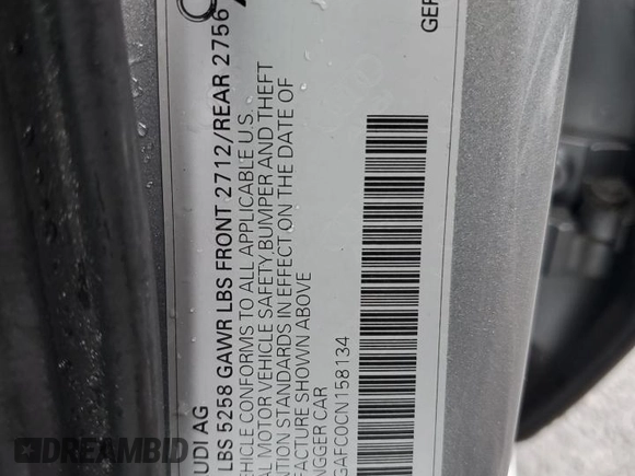 2012 Audi A6 Premium Plus with VIN WAUGGAFC0CN158134, listed as a Copart auction lot 62267795 with 203,128 mi miles and Clean title. Bid and sale history available at DreamBid. Image 12.