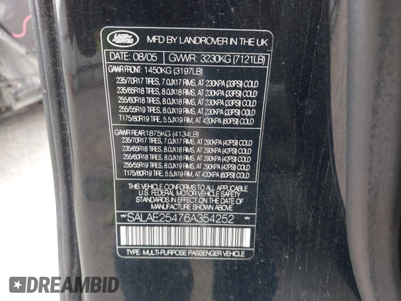 2006 Land Rover LR3 SE z VIN SALAE25476A354252, wystawiony jako IAAI lot #42263286 z przebiegiem 177 990 mil mil oraz . Historia ofert i sprzedaży dostępna na DreamBid. Obrazek 9.