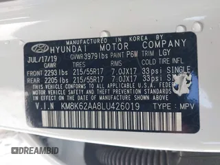 2020 Hyundai Kona SEL Plus with VIN KM8K62AA8LU426019, listed as a IAAI auction lot 41574608 with 61,264 mi miles. Bid and sale history available at carsss.com. Image 9.