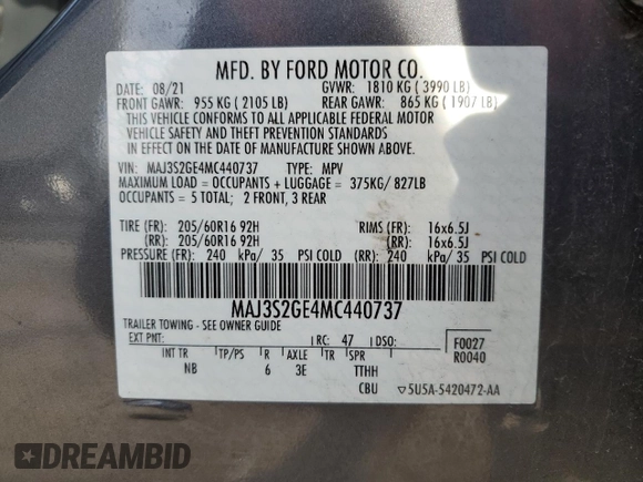 2021 Ford EcoSport SE with VIN MAJ3S2GE4MC440737, listed as a Copart auction lot 44346465 with 51,348 mi miles and Salvage Title. Bid and sale history available at carsss.com. Image 13.