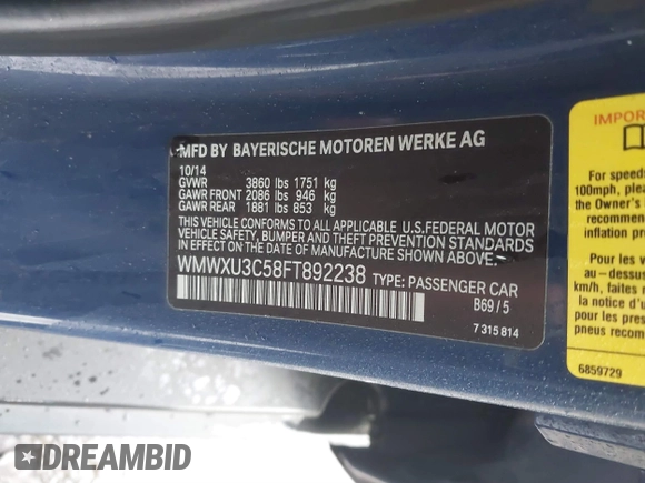 2015 MINI Hardtop 4 Door S with VIN WMWXU3C58FT892238, listed as a IAAI auction lot 41104432 with 156,722 mi miles and . Bid and sale history available at DreamBid. Image 9.