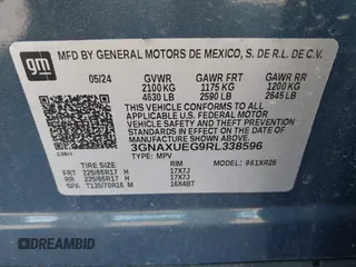 2024 Chevrolet Equinox LT with VIN 3GNAXUEG9RL338596, listed as a IAAI auction lot 41942790 with 25,692 mi miles and . Bid and sale history available at DreamBid. Image 9.