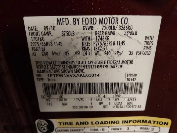 2010 Ford F-150 XL with VIN 1FTFW1EVXAKE63014, listed as a IAAI auction lot 41720242 with 101,480 mi miles. Bid and sale history available at carsss.com. Image 9.